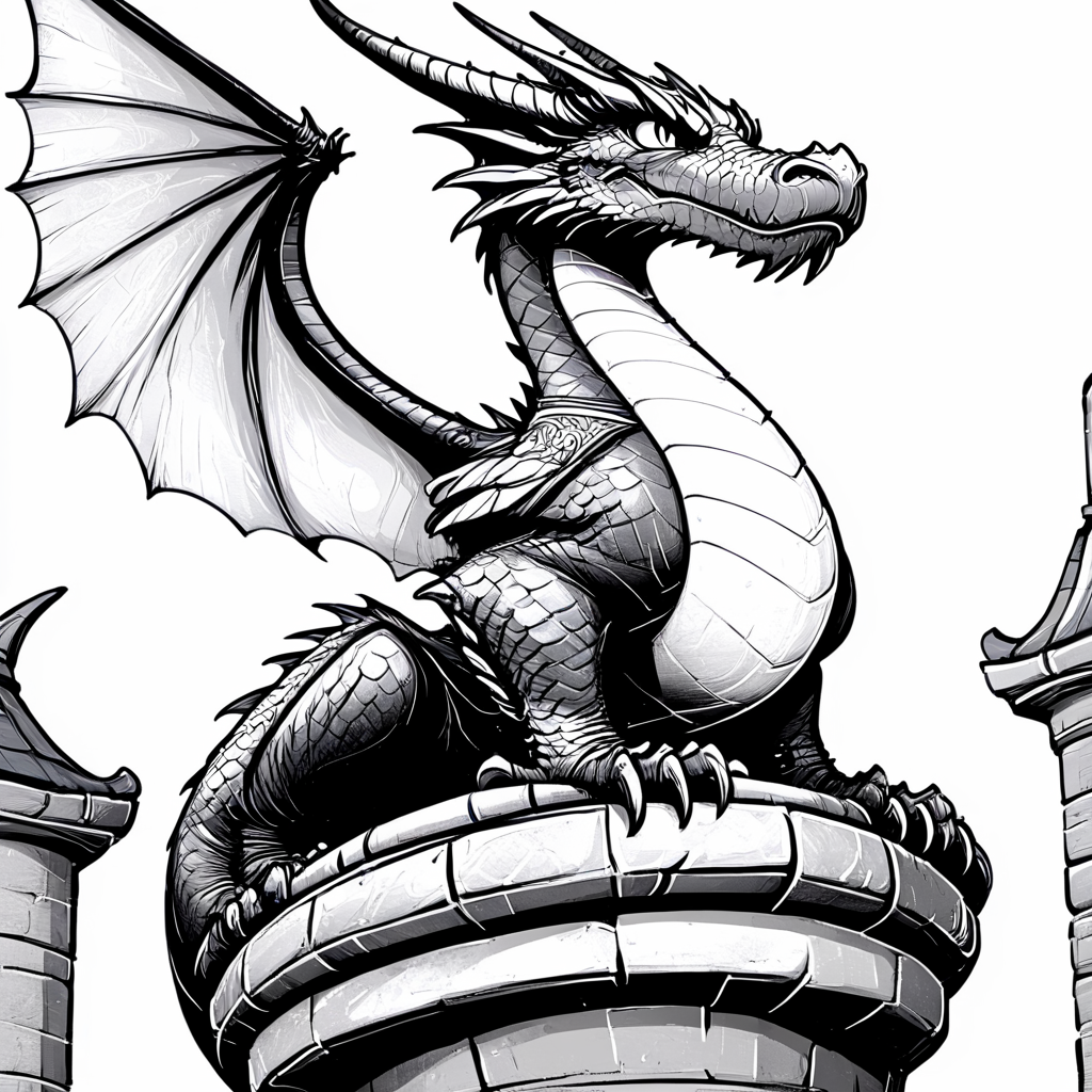 <lora:DnDBWIllustration:1> ArsMJStyle, DnDBWIllustration, dragon, The image shows a black and white drawing of a dragon perched atop a building with a pillar to its right. The dragon is depicted in a sketch-like style with intricate details and shading., monochrome, greyscale, no humans, dragon, wings, horns, solo, white background, simple background, weapon
