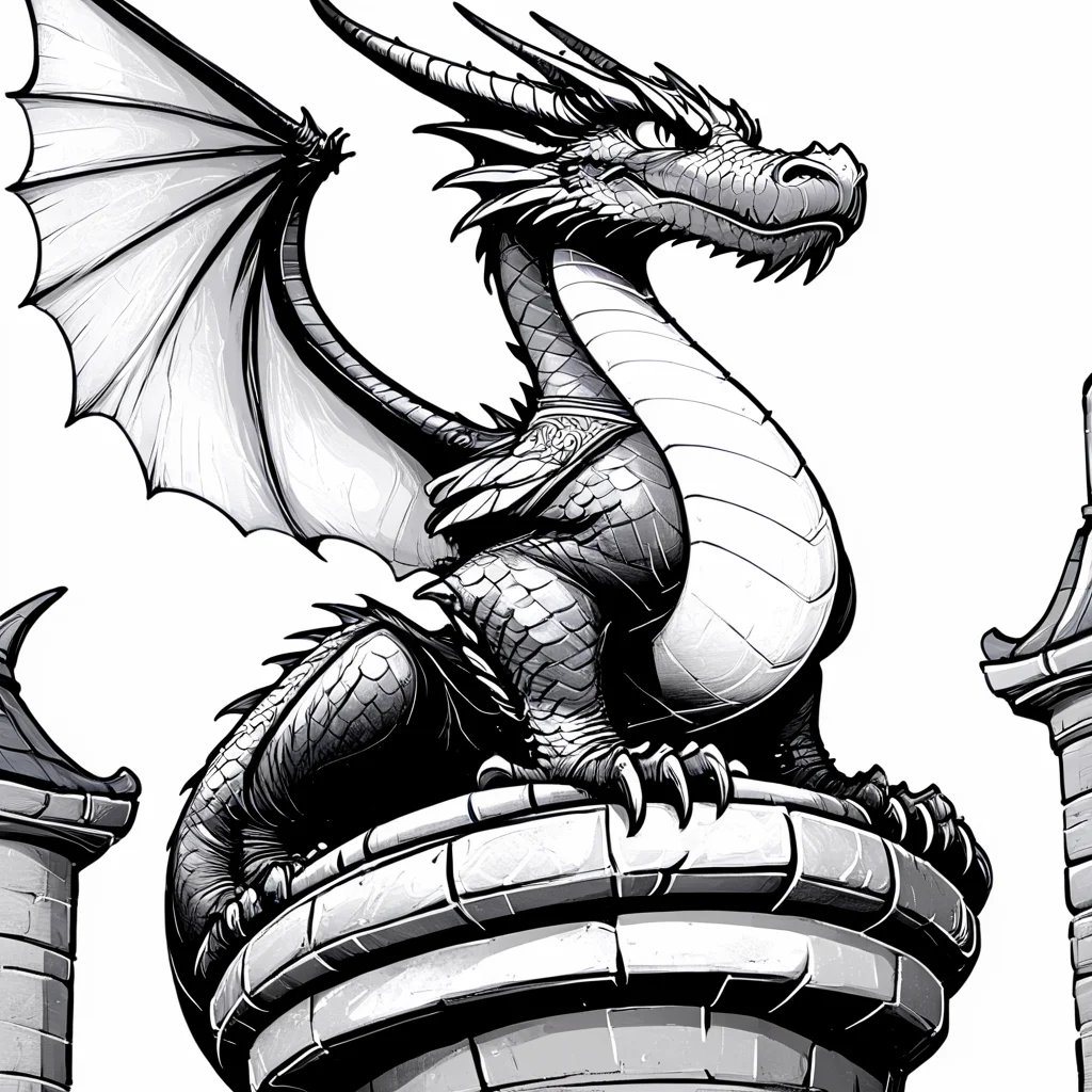 <lora:DnDBWIllustration:1> ArsMJStyle, DnDBWIllustration, dragon, The image shows a black and white drawing of a dragon perched atop a building with a pillar to its right. The dragon is depicted in a sketch-like style with intricate details and shading., monochrome, greyscale, no humans, dragon, wings, horns, solo, white background, simple background, weapon