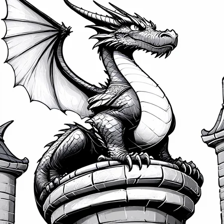 <lora:DnDBWIllustration:1> ArsMJStyle, DnDBWIllustration, dragon, The image shows a black and white drawing of a dragon perched atop a building with a pillar to its right. The dragon is depicted in a sketch-like style with intricate details and shading., monochrome, greyscale, no humans, dragon, wings, horns, solo, white background, simple background, weapon