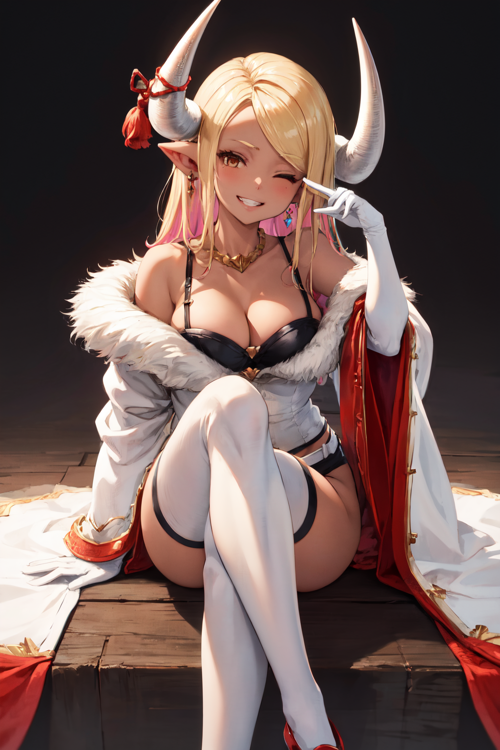 masterpiece, (detailed, highres, best quality), 1girl, <lora:spgbfKumbhira-10:1> kumbhiradef, horn ribbon, earrings, necklace, white gloves, cleavage, white jacket, fur trim, wide sleeves, short shorts, highleg panties, white thighhighs, sick, grin, looking at viewer, one eye closed, sitting, smile, solo