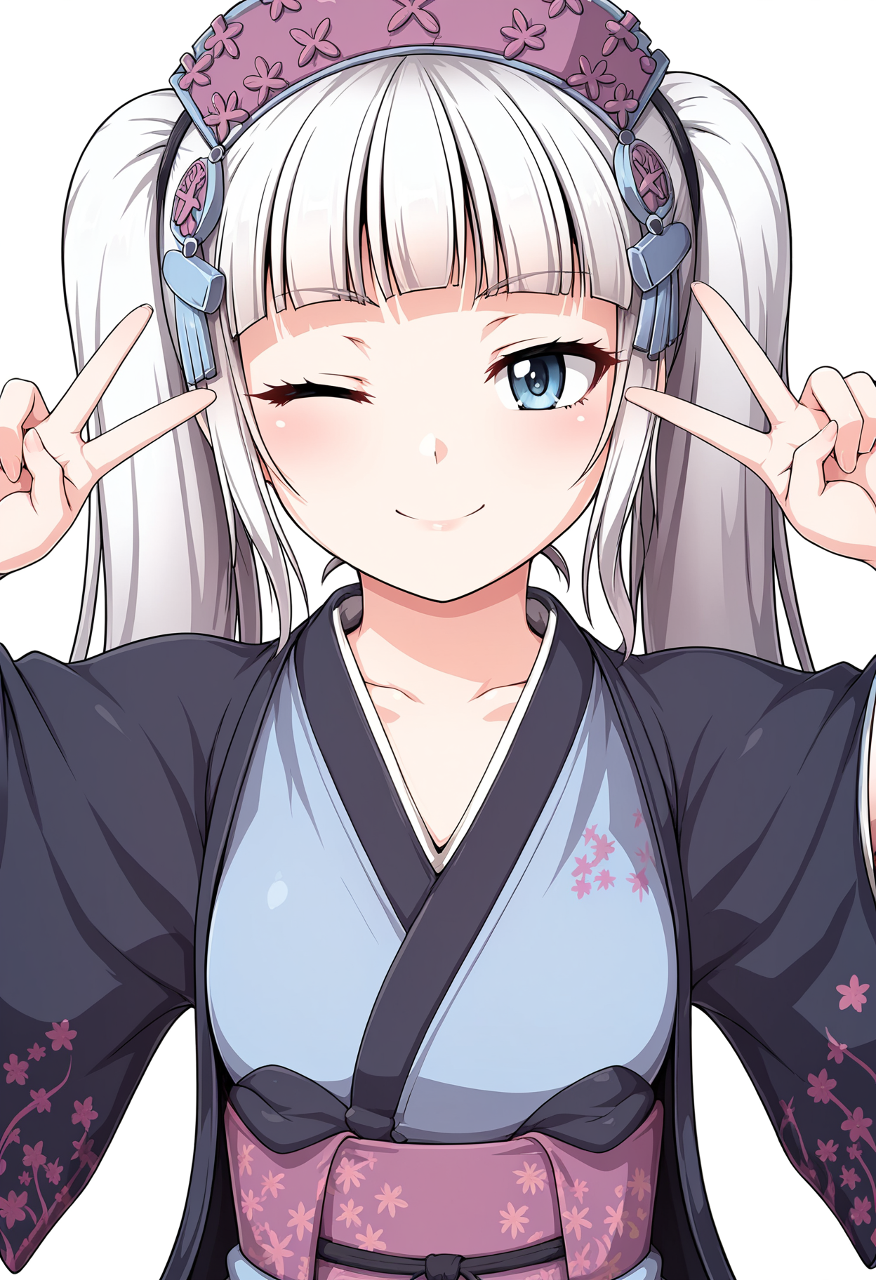 score_9, score_8_up, score_7_up,source_anime,rating_explicit,uncensored,anatomically correct,best perspective BREAK
1girl, upper body, double v, one eye closed, v over eye, 
 <lora:Hitotsubashi Sayo-ä¸ãæ© å°å¤:1> hitotsubashi sayo\(samurai vandalism)\, long hair, white hair, twintails, japanese clothes, kimono, blue kimono, hair ornament, bangs, blunt bangs