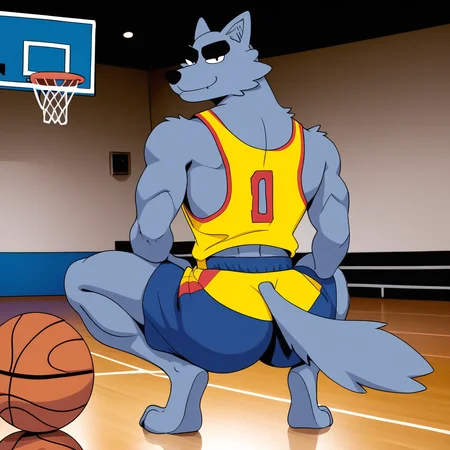 score_9, score_8_up, score_8, furry, wolf, Lazor Wulf, thick black eyebrows, grey fur, grey body, cartoon style, smooth lines, countershading, soft shading, 2d, extreme detail, 4K, high definition, high resolution, skinny male, thick thighs, wide hips, back view, basketball jersey, athletic shorts, huge ass, squatting down, sitting on basketball, looking back at viewer, smug expression, basketball court