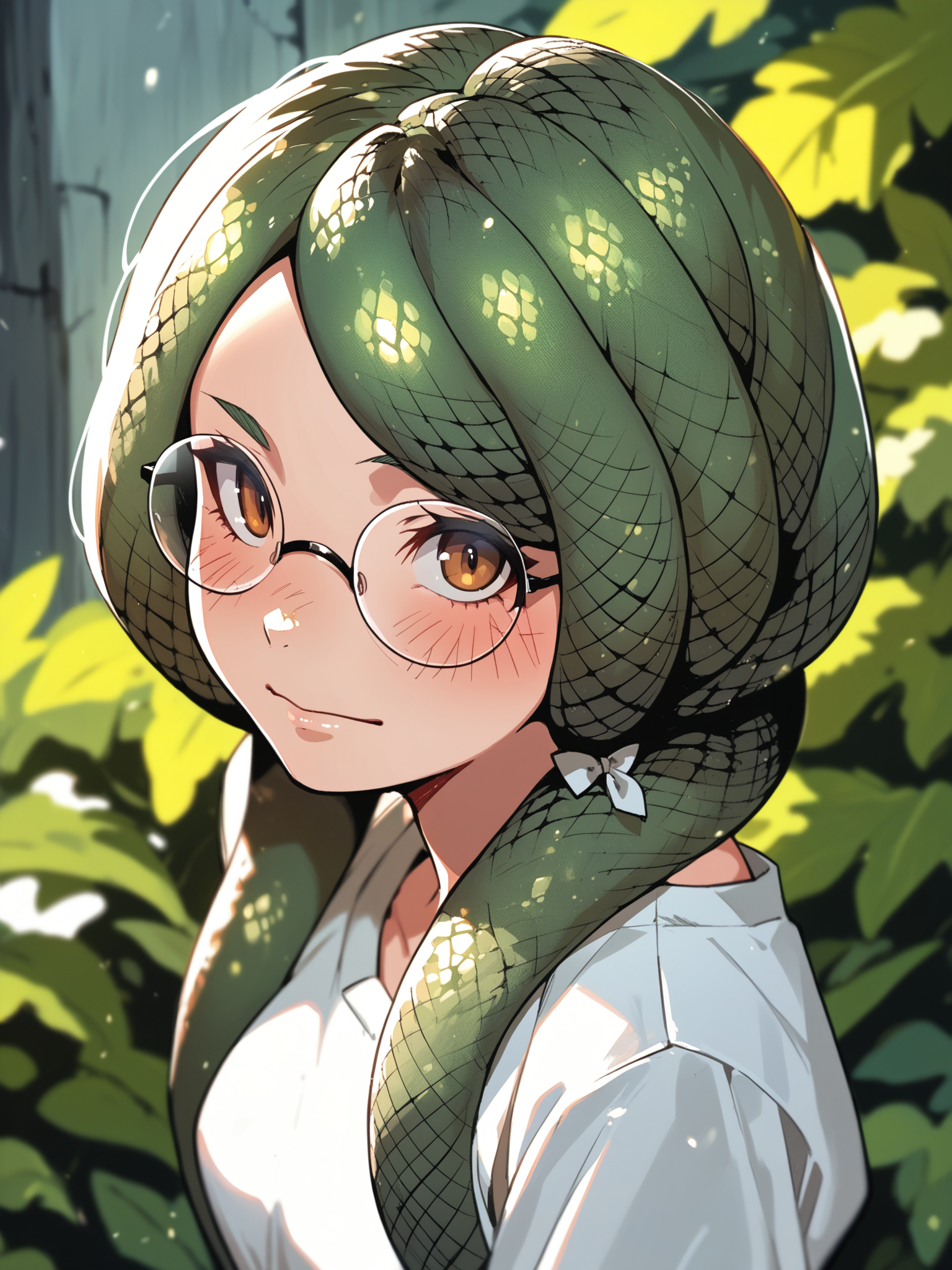 <lora:happy_tentacle-sanjimerisa-v0.3:0.9>, ht_sanjimerisa, glasses, snake hair, tentacle hair, prehensile hair, medium breasts, brown eyes, green hair , blush, outdoors, day upper body, 1girl, (petite:1.2), solo focus, (looking at viewer:1.1), , (depth of field:0.8), from above, [(realistic, photorealistic:1.2):(realistic:1.3):22], [(3d:1.2)::10], <lora:LUUNA's Lunas-NijiJourney-SDXL-B2:0.6>, nijijourney, <lora:prgfrg23's Counterfeit-V3.0 Style SDXL_LoRA_Pony Diffusion V6 XL:0.3> score_9, score_8_up, score_7_up, score_6_up, score_5_up, score_4_up