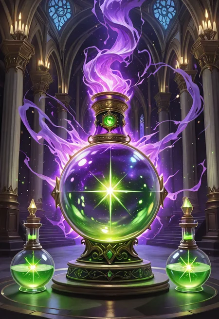 Score_9, Score_8_up, Score_7_up, Score_6_up, Score_5_up, Score_4_up, high_def, highest quality, 4k, best quality, masterpiece, no humans, object focus, focused, defined, (Photorealistic magic potion:1.3), intricate glass bottle, elixir, purple colors, green colors, black gues , bubbling, ethereal light, flashy lights, magic lights, luminous, dynamic reflections, magical aura, highly detailed, fantasy essence, glowing particles, radiant aura, A3THER, no humans