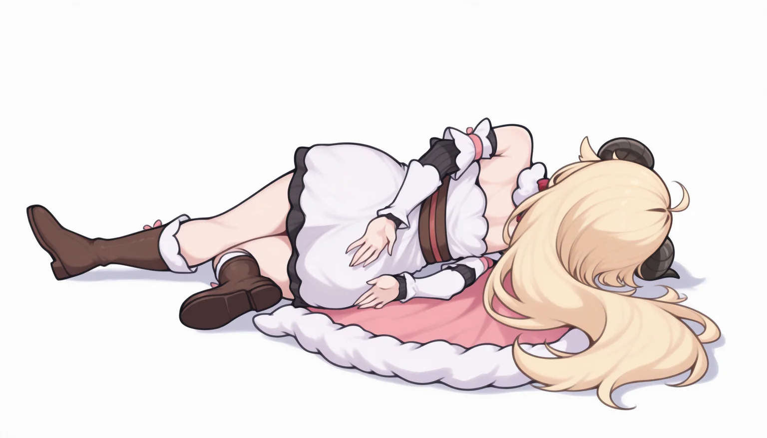 masterpiece, best quality, full body, from behind, lying, on side, facing away, arms behind back, knee up, solo, 1girl, WtmBase, horns, blonde hair, very long hair, ahoge, white fur-trimmed dress, short dress, red bowtie, detached sleeves, layered sleeves, bare shoulders, fur-trimmed cape, pink cape, brown footwear, knee boots, simple background, white background