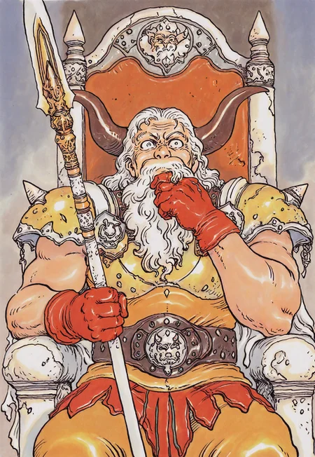 masterpiece,best quality,amazing quality, rakugakingu, traditional media, ffl2odinilxl, 1boy, mature male, male focus, white hair, old man, old, wrinkled skin, horns, white beard, muscular, golden pauldrons, white cape, armor, belt, red faulds, red gloves, sitting, upper body, throne, holding spear, hand on beard, portrait