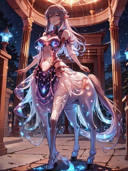((best quality)), ((highly detailed)), masterpiece, absurdres, (detailed eyes, deep eyes), (1girl), dynamic pose, full body, <lora:bioluminescent_dress:.9>, bioluminescent dress, <lora:aiomonstergirls_loraLocon:.8>, <lora:animeCentaur_v10:1>, (centaur), taur, centauroid, hooves, (in a temple, midday)