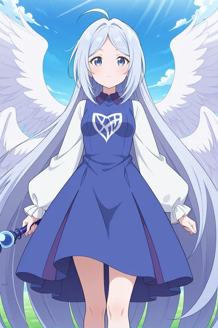 absurdres, highres, masterpiece, best quality, amazing quality, official anime artwork, screencap, anime screencap, outdoors, looking at viewer, dynamic pose, 
 <lora:Sariel_Illustrious:1> sariel, 1girl, solo, blue eyes, blue hair, absurdly long hair, parted bangs, ahoge, small breasts, angel wings, multiple wings,, blue dress, collared shirt, white sleeves, puffy long sleeves, wide sleeves, holding staff, scepter,