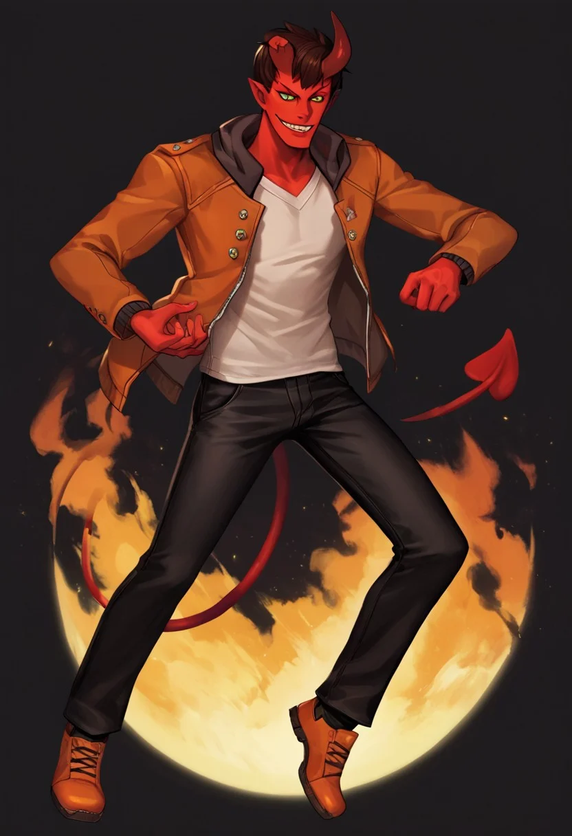 score_9, score_8_up, score_7_up, (best-quality: 1.5), 1boy, demon boy, red skin, yellow eyes, demon horns, demon tail, brown hair, orange jacket, white shirt, black pants, orange shoes, black-background:1.5, black background, simple background, detailed eyes, detailed-eyes:1.5, floating, unique pose, dynamic angle, solo:1.5, smirking, feh_seoreh_pnxl, white sclera
