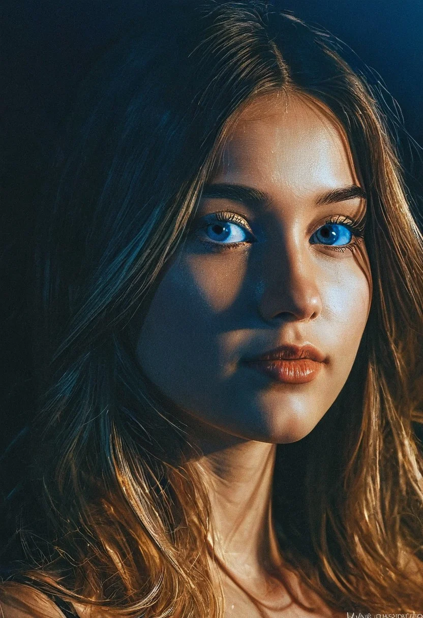 An irresistibly beautiful 20-year-old ukrainian girl, A stunning portrait illuminated by two contrasting color gel lights, one warm golden hue on her left side and a cool blue tone on her right, creating a rich, high-contrast effect with sharpness and depth, set against a dark, gradient background (Masterpiece, breathtaking detail, OverallDetailXL, professional shading).