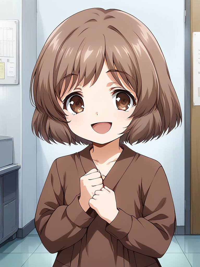 score_9, score_8_up, score_7_up, source_anime, rating_explicit, BREAK  <lora:Amatsuka_Sakura_Ver2.0_XL:1> AmatsukaSakura, brown hair, short hair, brown eyes, bangs, no hat, chibi, smile,
1girl, solo, smile, open mouth, looking at viewer, :d, clenched hands, indoors,  upper body, long sleeve, brown dress,
room, flooring,