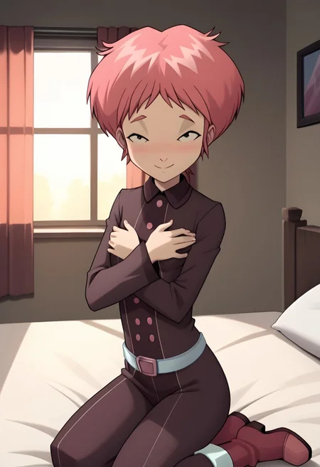 score_9, score_8_up, score_7_up, score_6_up, score_5_up, score_4_up, source_anime,
1girl, 18aelita_cl, small breasts, nipples,
PurpleS4Outfit,
perfect boobs, looking at viewer, smile, mouth closed, embarrassed,
blushing, sexy look, naughty look,
bedroom,
looking at viewer, belt,boots,
hand covering breasts,
