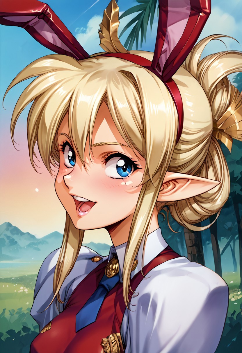 score_9, score_8_up, score_7_up, score_6_up, score_5_up, score_4_up, score_9, score_8_up, score_7_up, (best quality) , (highly detailed) ,((masterpiece)), ((best quality)), (ultra-detailed), ((extremely detailed)), (high resolution), 4K, (8K), best quality, (beautiful), (dynamic lighting), (super detailed skin), sharp focus, (1_girl, solo focus), (score_9,score_8_up,score_7_up,source_anime,(masterpiece:1.2), 
anastasia faizland, very long hair, blue eyes, elf, long pointy ears, elf ears, blonde hair,  tied hair, folded ponytail,  bangs, blue eyes,, long sidelocks
 clothing cutout, fake tail, rabbit tail, zettai ryouiki, purple thighhighs, red footwear, high heels, 1990s (style), retro artstyle, <lora:misty_may_pony_v1:1> standing, dynamic pose , open mouth, blush,light smile looking at viewer,(upper body, close-up,:1.3), outdoors,, score_9, score_8_up, score_7_up, best quapoty, highres, absurdres, source_anime, zPDXL3, 1girl,solo