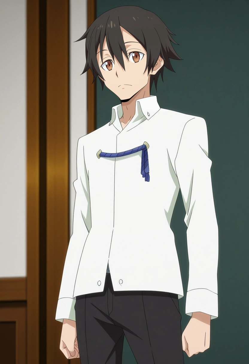 masterpiece, best quality, anime screencap, official style, anime coloring, cowboy shot, 1boy, solo, male focus, <lora:yuuki_kagurazaka_ilxl:0.98>, yuuki_kagurazaka, black hair, brown eyes, short hair, hair between eyes, , ,