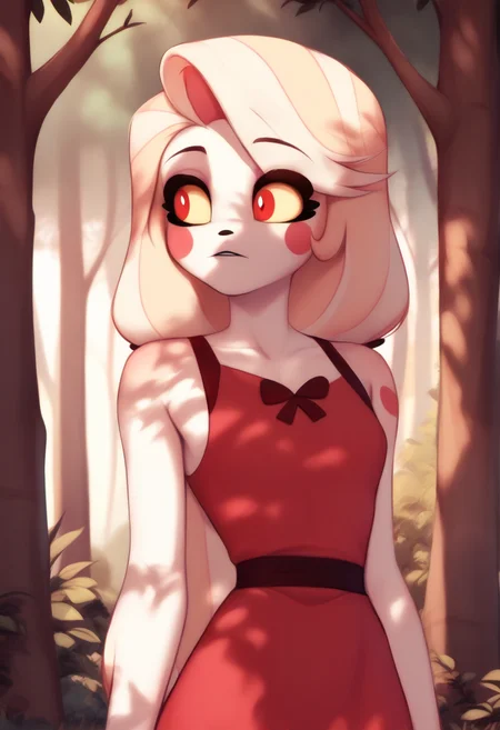 <lora:hazbin_hotel_ponyxl_v1:1>, charlie, red eyes, solo, red dress, outdoors, tree shade, dappled sunlight, forest, day
BREAK
score_9, score_8_up, score_7_up, score_6_up, <lora:PersonalAmi_PonyXL_resize:1>