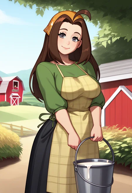 score_9, score_7_up, BREAK, 1girl, looking at viewer, smile, looking at viewer, closed mouth, <lora:riz_pd_glora:1>, <lora:Celia-pdxl_Fp:1>, celiahm, brown hair, grey eyes, ahoge, long hair, bandana, green shirt, apron, skirt, large breasts, outdoors, holding, bucket, milk, head tilt, farm,