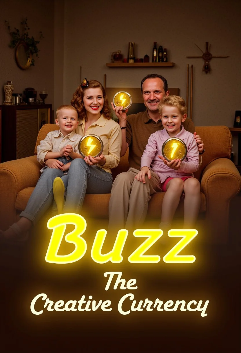A realistic photo of a retro 1950s-style family gathered in a cozy living room, smiling warmly as they hold glowing golden coins. The coins have a electric bolt emblem, radiating a soft light that contrasts with the nostalgic setting. A bold, yellow, glowing text overlay in a classic vintage font reads, 'Buzz: The Creative Currency!' The scene is filled with cheerful details like a vintage radio, patterned wallpaper, and mid-century furniture, blending a retro aesthetic with futuristic elements to emphasize the concept of innovation. detailifier