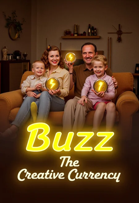 A realistic photo of a retro 1950s-style family gathered in a cozy living room, smiling warmly as they hold glowing golden coins. The coins have a electric bolt emblem, radiating a soft light that contrasts with the nostalgic setting. A bold, yellow, glowing text overlay in a classic vintage font reads, 'Buzz: The Creative Currency!' The scene is filled with cheerful details like a vintage radio, patterned wallpaper, and mid-century furniture, blending a retro aesthetic with futuristic elements to emphasize the concept of innovation. detailifier