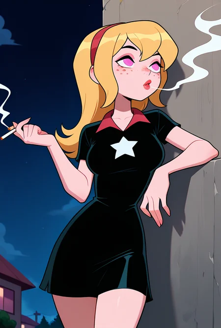 ((cartoon, screencap)), <lora:lucybig:1>, solo, lucybig, long hair, blonde hair, red hairband, pink eyes, lipstick, short sleeves, star (symbol), short dress, black dress, freckles, dynamic pose, outdoors, leaning on walls, holding cigarette, smoking, blowing smoke, night, dark,, masterpiece, best quality, amazing quality, very aesthetic, absurdres, newest,