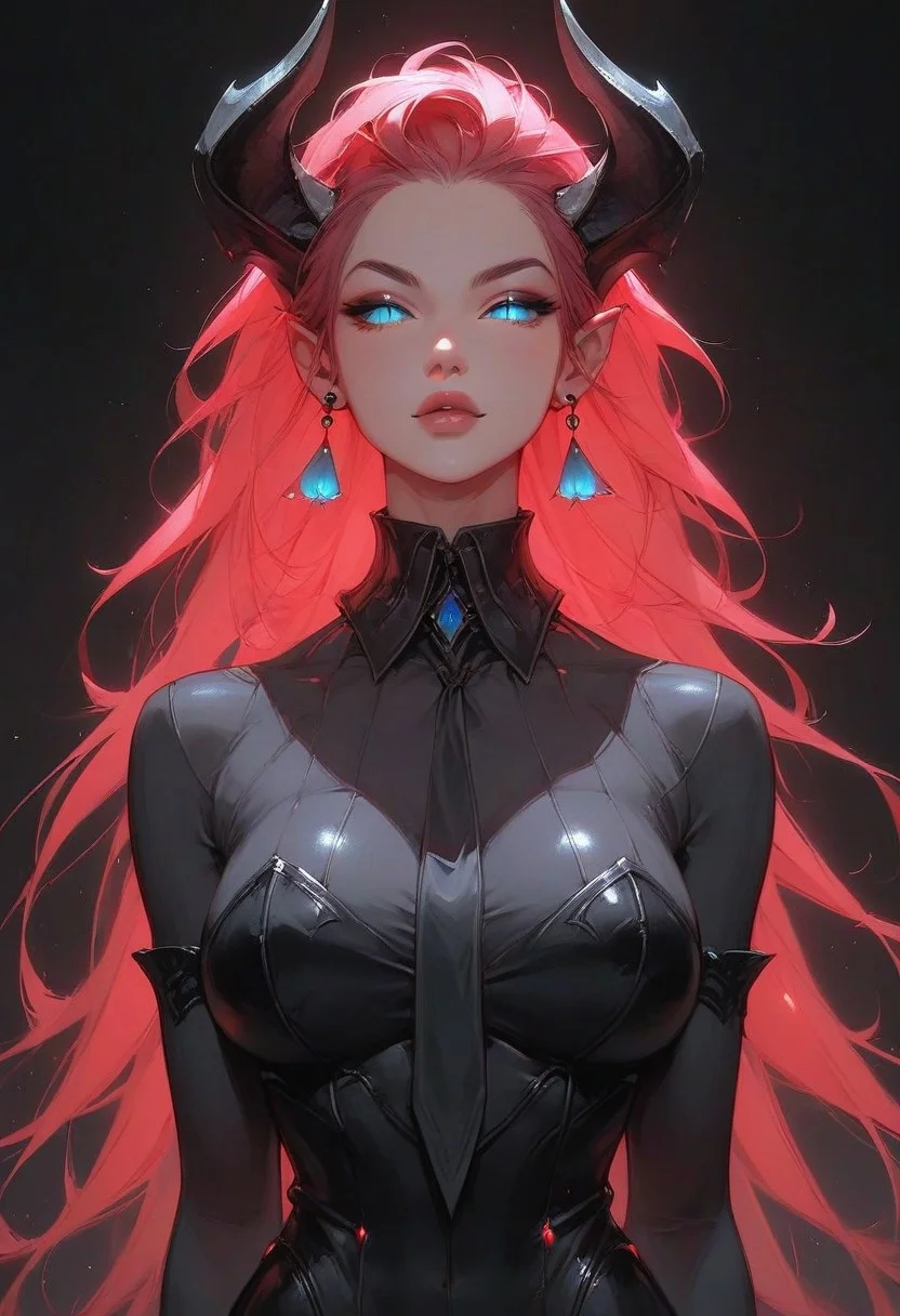 succubus ,score_9, score_8_up, score_7_up, rating_safe,girl,seductive, cool, perfect body,Tilt head,2.5d,ornament,narrow waist,big breasts,long red hair large breasts,arching back,serious, glowing blue yes,Vertical slit pupils,
HI-res,masterpiece,black suit with shirt and slack,handsome appearance ,black neckties,Tomgirl ,back view,back,
simple background ,black background