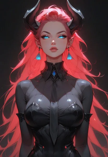 succubus ,score_9, score_8_up, score_7_up, rating_safe,girl,seductive, cool, perfect body,Tilt head,2.5d,ornament,narrow waist,big breasts,long red hair large breasts,arching back,serious, glowing blue yes,Vertical slit pupils,
HI-res,masterpiece,black suit with shirt and slack,handsome appearance ,black neckties,Tomgirl ,back view,back,
simple background ,black background