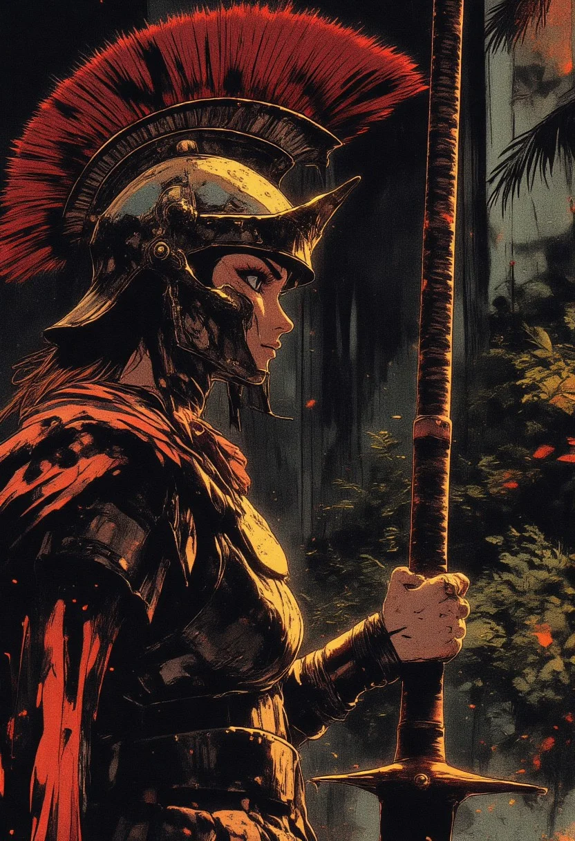 Female Roman soldier, wearing traditional armor, including a crested helmet, The dark and moody background, dramatic tones, with subtle lighting, highlights on metallic surfaces, Holding a sword, foreshortening, partical effects, burning underglow, palm leaves, bushes, mediterranean background,
Profile Shot,