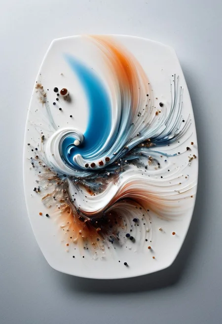 <lora:ElementsMixSDXL:1.0> ElementsMix (Wind:0.6),(Earth:0.5),(Fire:0.4),(Water:0.8), each element beautifully plated on a high-end ceramic plate for a michelin star meal, creative molecular gastronomy, award winning food photography, mise en place