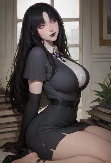 score_9, score_8_up, score_7_up, score9, score8, score7, score6, source_anime, y'shtola ffxiv, 1girl, black hair, pale skin, indoors, business suit, business woman, high heels, head tilt, large breasts, light smile, long hair, parted hime cut, elbow gloves, looking at viewer, solo, thick thighs, thighs, purple eyes, round pupils, black lipstick, (wide hips:0.8), from side