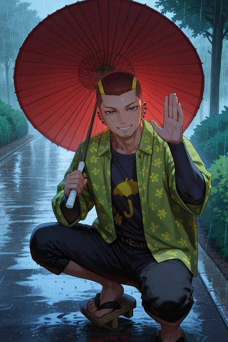 solo, subsurface scattering, realistic shading, natural lighting, raining, sunshower, sunny, summer theme, (holding wagasa umbrella), traditional japanese umbrella, wagasa, looking at viewer, expressive face, sweet smile, one hand waving, outdoors, road, bush, from above, dynamic angle, squatting, shorts, UnjiZuma, facial hair, chin stubble, zuma_ear_piercings, zuma_eyebrow_piercing, zuma_oversized_shirt_with_flower_patterns, tight longsleeves, zuma_knee_length_pants, geta sandals,