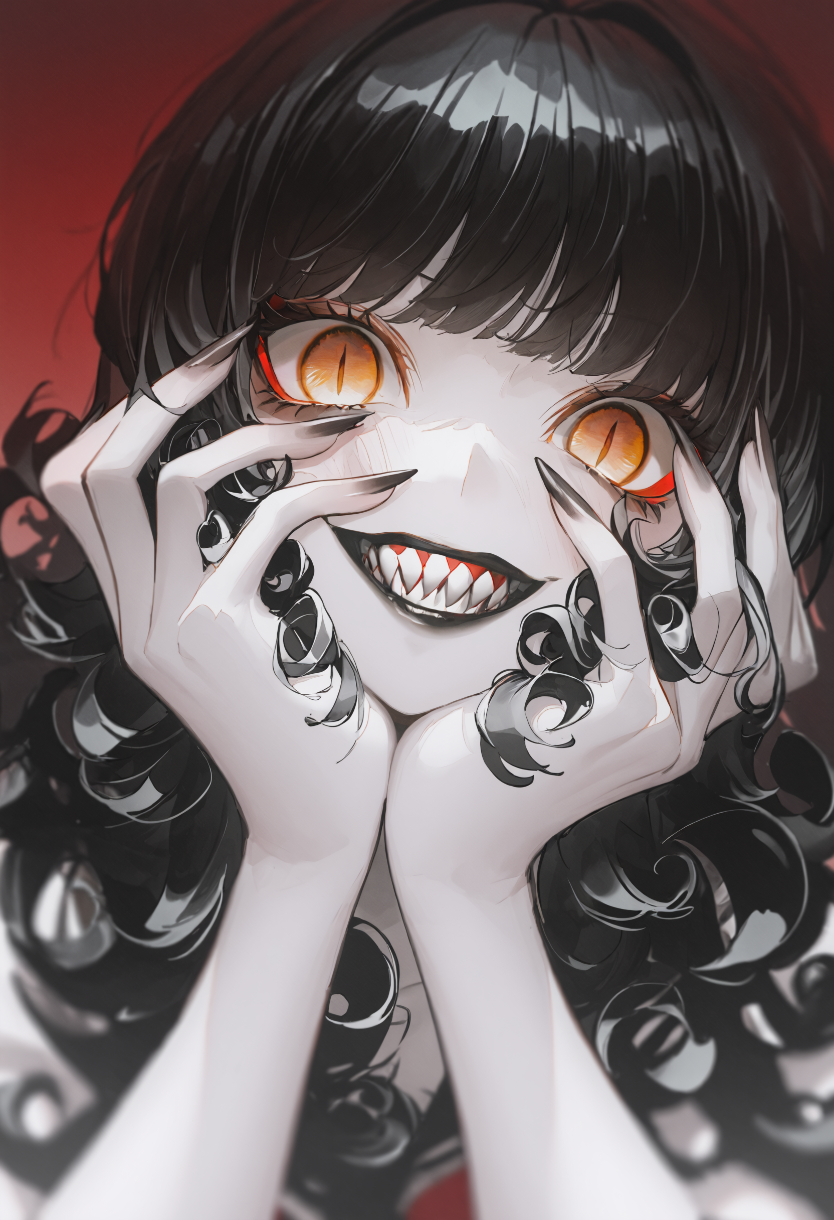 ambient occlusion, depth of field, traditional media, 1girl, black nails, black hair, hands on own face, yellow eyes, looking at viewer, solo, smile, sharp teeth, teeth, horror \(theme\), sharp fingernails, slit pupils, hands on own cheeks, fingernails, red background, long hair, black lips, evil smile, makeup, head rest, pale skin, upper body, grin, curly hair, wavy hair, extra eyes, open mouth, evil grin, nail polish, long fingernails, red eyes