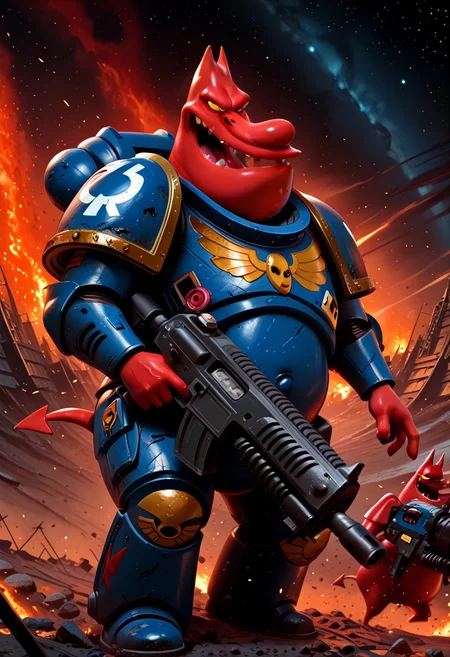 Masterpiece, best quality, highly detailed, absurdres, 1boy, solo, r3dguy, d3vil, devil, UltraM40k, (pokemon) creature, red skin, tail, chubby, space marine armor, shooting a heavy bolter, battlefield background, detailed background,