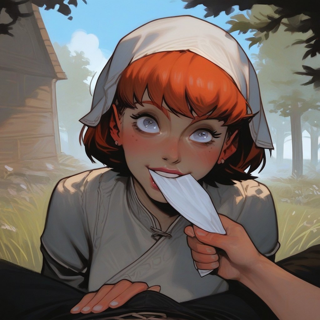 score_9, score_8_up, score_7_up, realistic, finnish female, old-fashioned servant clothes, white head scarf, orange hair, mature, shapely, short hair, natural, round face, round eyes, aroused, enjoying, happy, laughing, looking to the camera, wiping mouth, wiping mouth with napkin, medieval setting, outdoors, loving, pleasure, excitement, funny, comical, warm atmosphere, long range, male pov, he is wiping her mouth,
<lora:incase-ilff-v3-4:0.6>,
<lora:Expressive_H:0.6>, ExpressiveH,
<lora:add-detail-xl:1.75>,
<lora:[GP] somethingweird [Pony XL]:0.2>,
<lora:g0th1cPXL:0.6>, g0th1cpxl,