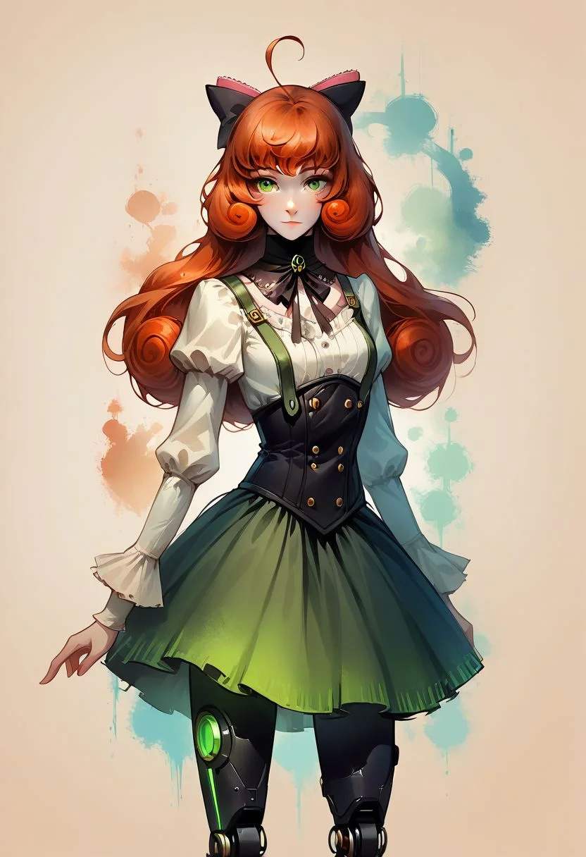 Faded Headshot, faded bottom, faded edges ,score_9,score_8_up,score_7_up,score_6_up,score_5_up,
1girl, Penny Polendina, \(RWBY\),(ultra HD quality details), green eyes, ginger hair,
long hair,
neck ribbon, suspender skirt, corset, white blouse, long sleeves, mechanical legs, neon trim, black bow,
perfect anatomy, perfect face, abstract beauty, beautiful, centered, looking at the camera, approaching perfection, dynamic, moonlight, highly detailed, watercolor painting, artstation, concept art, smooth, sharp focus, illustration,
small breasts,