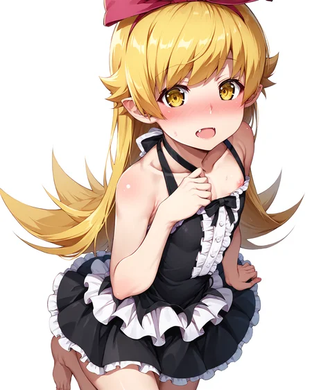 score_9,score_8_up,score_7_up,score_6_up,score_5_up,score_4_up,anime BREAK 1girl,
<lora:shinobu:0.9>,oshino shinobu,long hair,blonde hair,yellow eyes,pointy ears,fang,wide hips,shiny oiled skin,
BREAK (Short girl,dwarf girl,) flat chest,
BREAK nsfw,adult,uncensored,<lora:Expressive_H:0.3>,Expressiveh,
BREAK <lora:TanabeKP:0.7>,TanabeKP,
<lora:gothic dress_XL_V1.0:0.8>,jyojifuku, black dress, frills, hair bow, ribbon,
BREAK full face blush,embarrassed,
girly bedroom, girly aesthetic design,
solo focus,
light on face, depth of field,blurry background,Detailed Background,
BREAK ((white background,simple background)),
BREAK source_anime,zPDXL,zPDXLxxx,<lora:flat_sdxl:-0.5> <lora:xl_more_art-full_v1:0.5> <lora:add-detail-xl:0.5> <lora:sdxl_lightning_8step:1>
