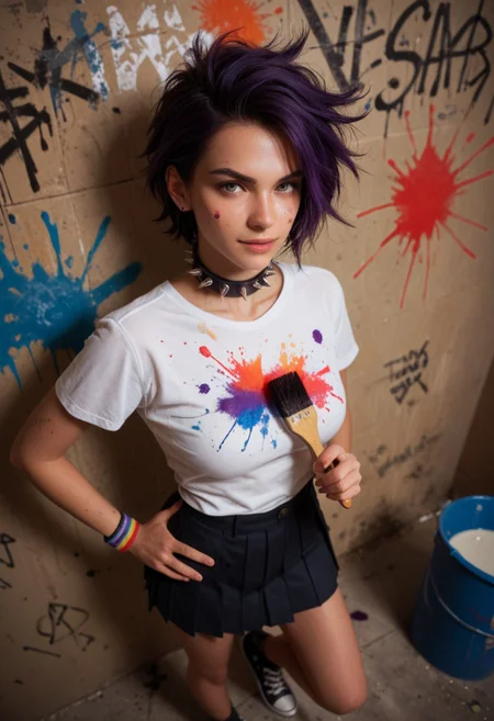 score_9_up, score_8_up, score_7_up, score_6_up, 1girl, 25 years old, perfect face, (adult), sexy,
dark purple hair, spiked hair, ear piercing, spiked collar,
paint splatter on face,
white t-shirt, wristband,
yellow sweater around waist,
black skirt, pleated skirt, button badge,
converse, legs to
holding brush,
hand on own hip,
bucket, brush, paint splatter, brush stroke, inkblot, paint stains, graffiti, colorful,
dutch angle, from above, foreshortening,