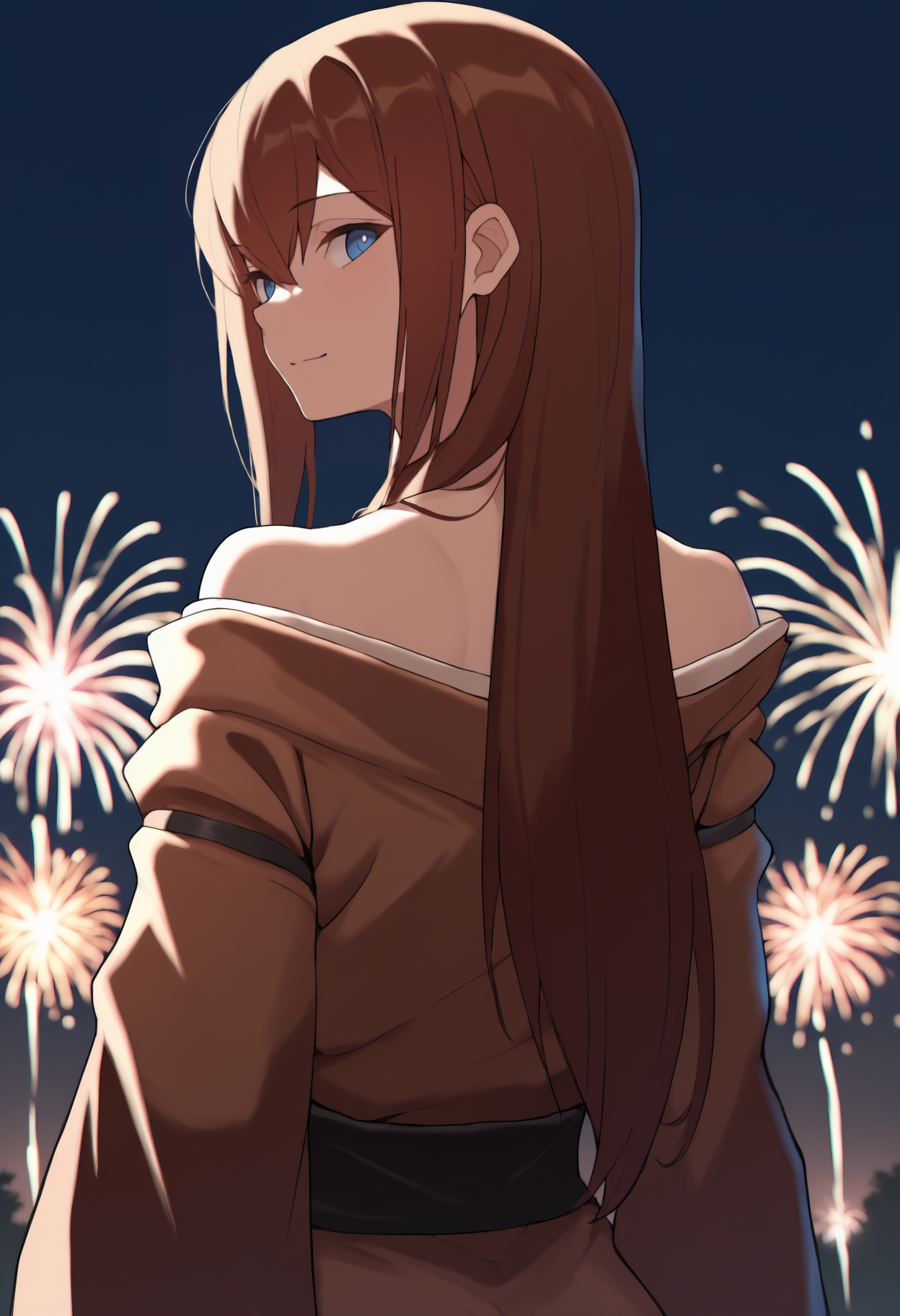 masterpiece, best quality, newest, from behind, solo, 1girl, mak1se, slight smile, looking back, long hair, brown hair, hair between eyes, straight hair, blue eyes, japanese clothes, brown kimono, off shoulder, black sash, bare shoulders, outdoors, night, fireworks
<segment:yolo-face_yolov8m.pt,0.4,0.5//cid=1>