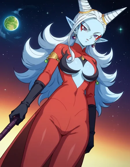 score_9, score_8_up, score_7_up, source_anime,
dragonballtowa, <lora:dragonball-towa-ponyxl-lora-nochekaiser:1>,
demon goddess towa,
outdoors, space,
looking at viewer, dutch angle, cowboy shot,