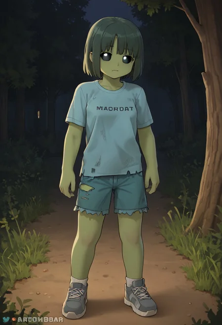 best quality, masterpiece, high quality, female zombie, 1girl, standing, small breast, facing the viewer, black sclera, (no pupils), petite, short hair, dark green hair, light blue t-shirt, t-shirt without drawings, ripped t-shirt, torn t-shirt, dark blue tattered shorts with simple grey shoes, green skin, forest, night, digital art, character art