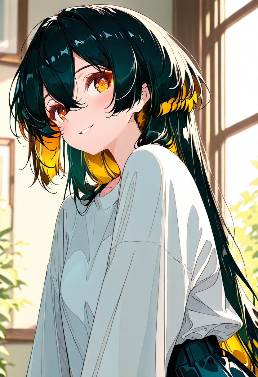 masterpiece, ultra-HD, very aesthetic, 8K, high detail, depth of field, score_9, score_8_up, 
BREAK
1girl, solo, ((slightly short side hair)), (reverse mullet:1.3), hair covering the gap between the eyes, black hair, Amber eyes, Amber inner hair, light Amber color eye makeup, (medium-length back hair), layered straight hair, airy bangs, ((side hair framing the face)), parted bangs, 
BREAK
Portrait, full face blushing, shy, smile, romantic feel, 
BREAK
<lora:Black_Wolf-Cut_Girl_with_Orange_Inner_Layers:1>,