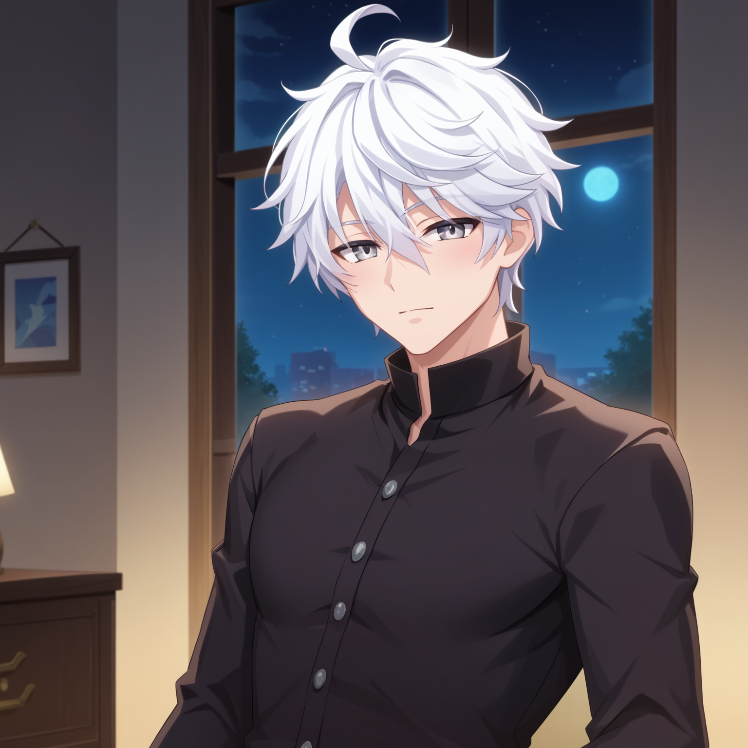 score_9, score_8_up, score_7_up, source_anime, anime screencap, depth of field, rating_safe, BREAK,
1boy, solo, yaoi, male focus, looking at viewer, cowboy shot,
<lora:myst_pony:0.75> myst_pony, white hair, gray eyes, short hair, hair between eyes, bangs, ahoge, 
night, bedroom, <lora:age_slider_v4:2.25> <lora:loraeyesxl:1> <lora:Pony_DetailV2.0:1>
