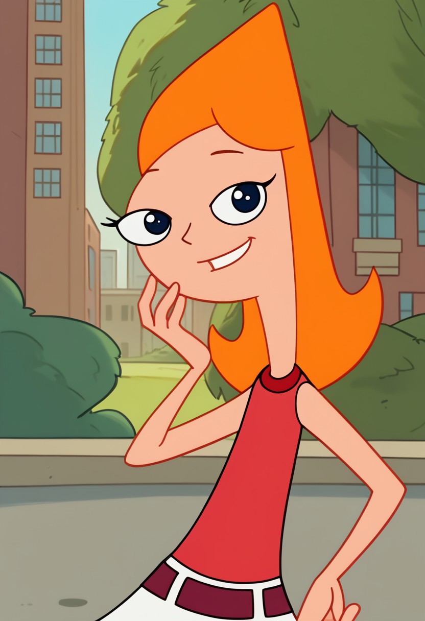score_9, score_8_up, score_7_up BREAK CandacePF, 1girl, long orange hair, dark blue eyes, red tank top, red belt, white skirt, red ankle socks, white flat mary-jane shoes, cartoon, source_cartoon, smiling at viewer, full body,, city background, city outdoors,