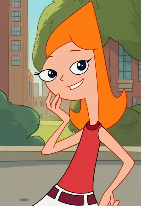 score_9, score_8_up, score_7_up BREAK CandacePF, 1girl, long orange hair, dark blue eyes, red tank top, red belt, white skirt, red ankle socks, white flat mary-jane shoes, cartoon, source_cartoon, smiling at viewer, full body,, city background, city outdoors,