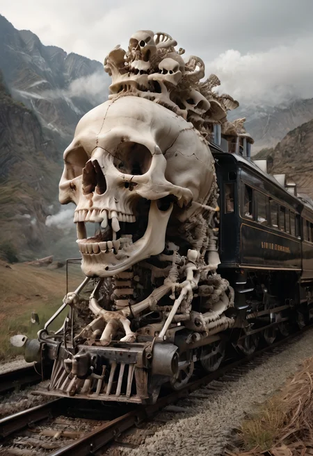 4k photograph, ultra-detailed, detailed shadows, dramatic lighting, close up, a magnificent bone steam locomotive, train, emerging from a dark bone-lined mountain tunnel, giant laughing skull on the fronts, boneswm