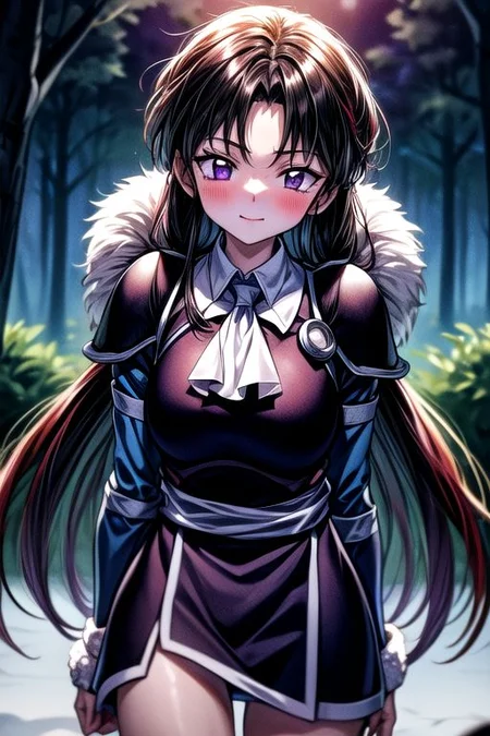 masterpiece, best quality 1girl Setsun4 solo long hair, (night time) forest background black hair very long hair purple eyes multicolored hair armor (fur trim) (medium body),<lora:EMS-179-EMS:0.800000>,<lora:EMS-293862-EMS:0.800000> bow, hair_bow, hair_tubes, red_bow, brown_hair, long_hair, bangs, ascot, frilled_bow, yellow_ascot, blush, smile, hair_between_eyes, athletic, armor, miko