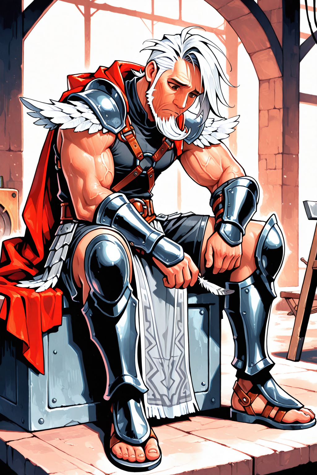 masterpiece, best quality, amazing quality, hatching (texture), FMIXF, vibrant details, vibrant colors, GENHERAC, 1boy, male focus, old, old man, solo, white hair, sideswept hair, ((sideswept beard)), brown eyes, muscular, veiny arms, yellow trimmed red cape, feathered pauldrons, sleeveless black shirt, ((black shorts)), brown body harness, brown belt, brown belt buckle, grey pelvic curtain, ((grey pteruges)), black vambraces, black greaves, sandals, sitting, holding feather, sad, sombre, workshop background, sombre lighting