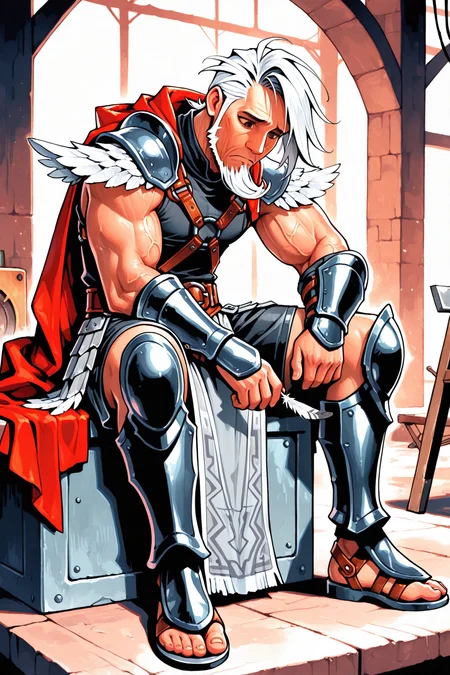 masterpiece, best quality, amazing quality, hatching (texture), FMIXF, vibrant details, vibrant colors, GENHERAC, 1boy, male focus, old, old man, solo, white hair, sideswept hair, ((sideswept beard)), brown eyes, muscular, veiny arms, yellow trimmed red cape, feathered pauldrons, sleeveless black shirt, ((black shorts)), brown body harness, brown belt, brown belt buckle, grey pelvic curtain, ((grey pteruges)), black vambraces, black greaves, sandals, sitting, holding feather, sad, sombre, workshop background, sombre lighting