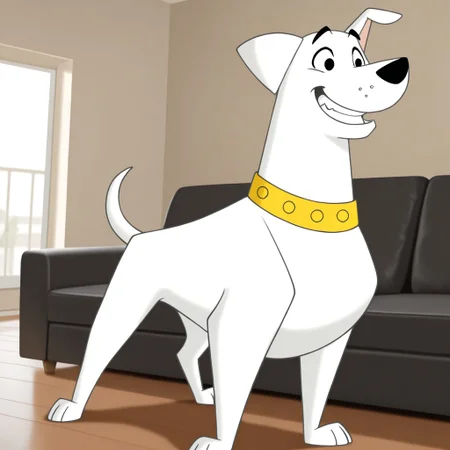 masterpiece, best quality, amazing quality, krypto, male, furry male, feral, dog, solo, white fur, black eyes, black nose, floppy ears, tail, yellow collar, smile, teeth, indoors, living room