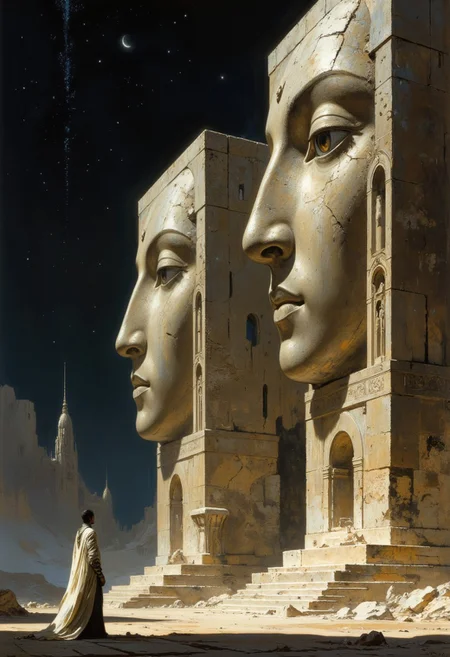 A high-quality, zoomed out, panoramic, atmospheric Sci-fi painting featuring two colossal, rectangular, monolithic ancient stone statues of serene faces under a starry night sky, placed next to each other in a row. The statues, with cracked, weathered textures, dominate the biggest part of the image enhancing the epic scale of those sky high structures. A small figure, robed in flowing garment  stands in awe in front of them. The lighting is dramatic, highlighting the statues' features. The overall aesthetic quality is very high, blending realism with fantasy. The lighting is dramatic enhancing the enigmatic scene and the eerie in mysterious haze drenched atmosphere. Ivory, grey and light brown hues. Finest details, ultimate detail level, masterpiece, highly artistic, best composition.