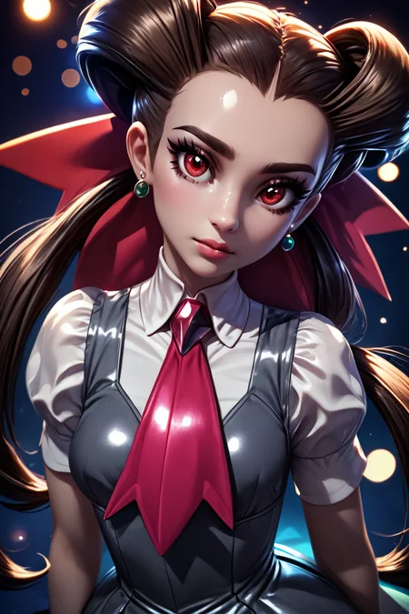 score_9, score_8_up, score_8, medium breasts, (curvy), cute, eyelashes,       BREAK, , ,,,   zzRoxanne, red eyes, long hair, brown hair, twintails, hair pulled back, pantyhose, ascot, grey dress, short sleeves, ribbon, shirt, hair ribbon, <lora:Roxanne_Pokemon_PDXL:1.0>, ,,, , BREAK,  (ultra realistic,32k, masterpiece:1.2),(high detailed skin:1.1),( high quality:1.1), head tilt, lips, closed mouth, shiny clothes, (upper body), looking at viewer, bokeh, luminescent background, ,,, embedding:zPDXL, Expressiveh, ,,, <lora:RlAnmPDXL:1.0>,
