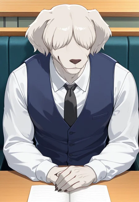 masterpiece, best quality, amazing quality, very aesthetic, absurdres, newest, high quality, detailed, male, solo male, Collot, 1boy, mature male, male, athletic build, anthro, english sheepdog, animal ears, bangs covering eyes, white fur, floppy ears, white collared shirt, blue vest, black tie, grey striped pants, smiling, sitting in lecture hall, resting arms on table, looking at viewer